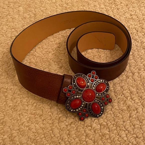 Harold’s Brown Leather Belt with Red Buckle - Picture 2 of 9